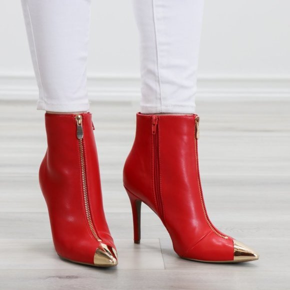 Ankle Red Boots Faux Leather Gold Pointy Toe - Picture 4 of 14